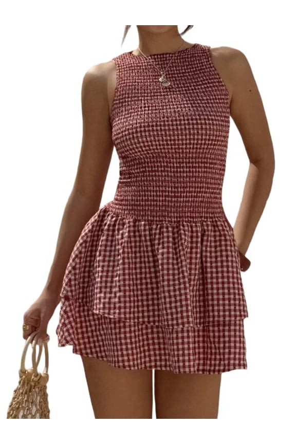 Women'S Gingham Dress Tiered Ruffle Hem Smocked A Line Short Tank Dresses Red XXL