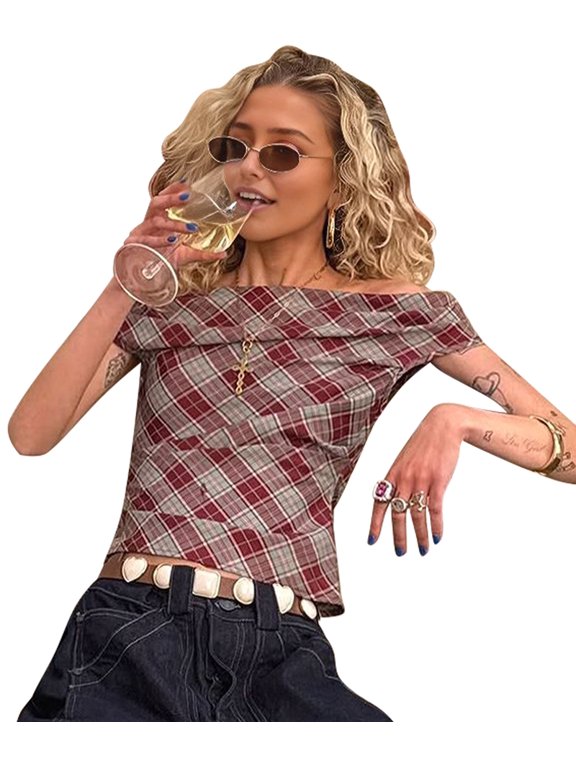 Women'S Gingham Plaid Off Shoulder Top Trim Crop Tops Red L