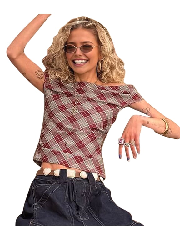 Women'S Gingham Plaid Off Shoulder Top Trim Crop Tops Red M