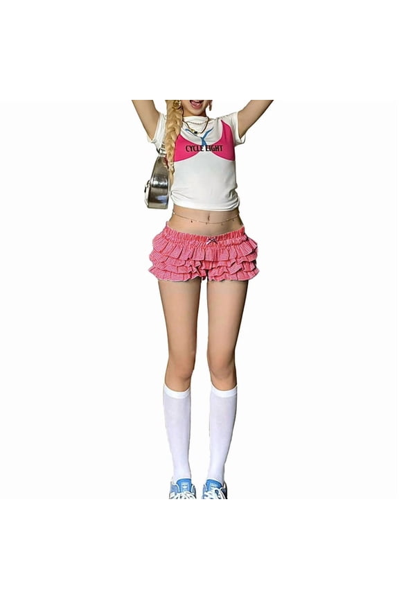 Women'S Gingham Summer Shorts Cute Going Out Brunch Outfits Ruffle Bloomers Y2K Mini Micro Shorts Red S