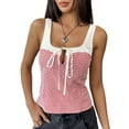 thumbnail image 1 of Women'S Gingham Tank Top Square Neck with Contrast Trim Tie Front Sleeveless Blouse Slim Fit Summer Top Red L, 1 of 9