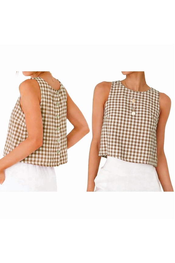 Women'S Gingham Top Summer CropTank Tops Button Back Casual Sleeveless Shirts Blouses Resort Wear Khaki S