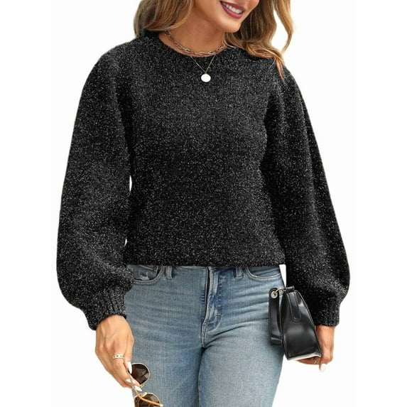 Women'S Glitter Silk Puff Sleeve Sweater Back Tie Long Sleeve Knitted Sweater Black L