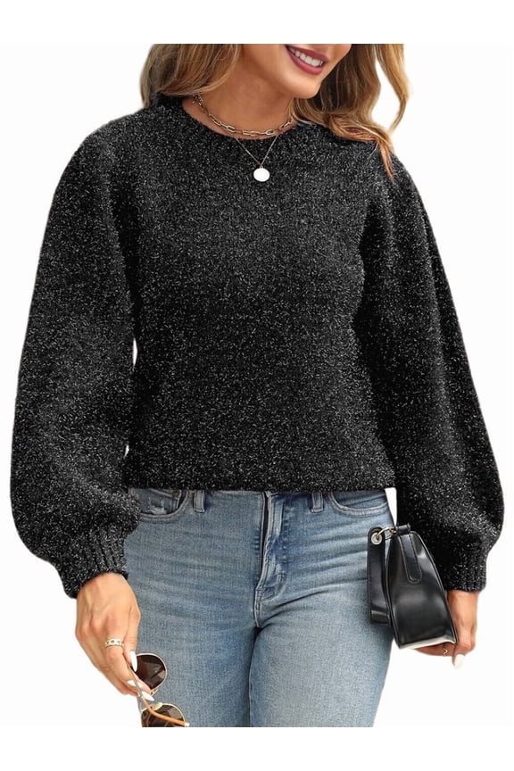 Women'S Glitter Silk Puff Sleeve Sweater Back Tie Long Sleeve Knitted Sweater Black XL