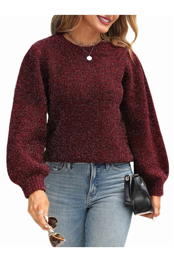 Women'S Glitter Silk Puff Sleeve Sweater Back Tie Long Sleeve Knitted Sweater Wine Red XS