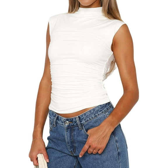 Women'S Going Out Basic Tank Tops Mock Neck Spring Clothes Sleeveless Cute Shirts Summer Y2K Outfits White S