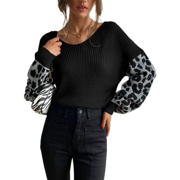 Women'S Gothic Classic Casual V-Neck Leopard Print Long-Sleeved Color-Blocked Knitted Loose Sweater Black M