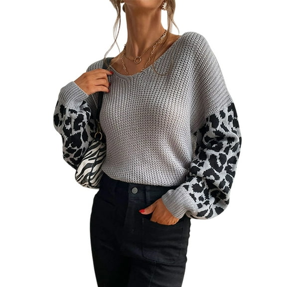 Women'S Gothic Classic Casual V-Neck Leopard Print Long-Sleeved Color-Blocked Knitted Loose Sweater Grey L