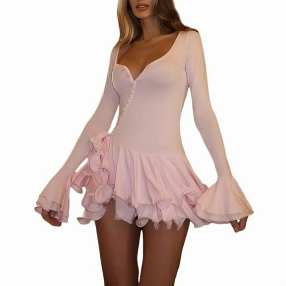 Women'S Gothic Dress Bell Sleeve Waist Short Dress Long Sleeve A-Line Vintage Dress Pink S