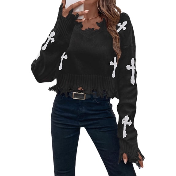 Women'S Gothic Graphic V Neck Sweater Distressed Raw Hem Pullover Y2k Going Out Knit Top Black XL