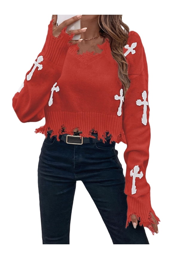 Women'S Gothic Graphic V Neck Sweater Distressed Raw Hem Pullover Y2k Going Out Knit Top Orange-Red S