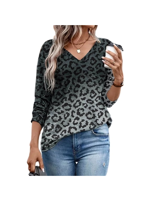 Women'S Gradient Leopard Print V Neck Loose Long Sleeve Casual Tunic Top Flower Color XL