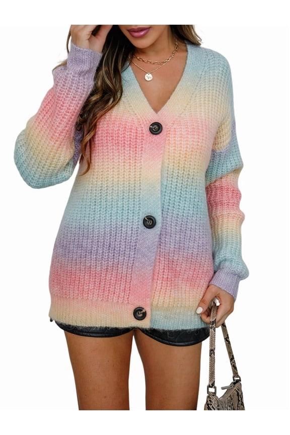 Women'S Gradient Rainbow Cardigan Sweater Autumn and Winter Knitted Long Sleeve Button Cardigan Top Pink S