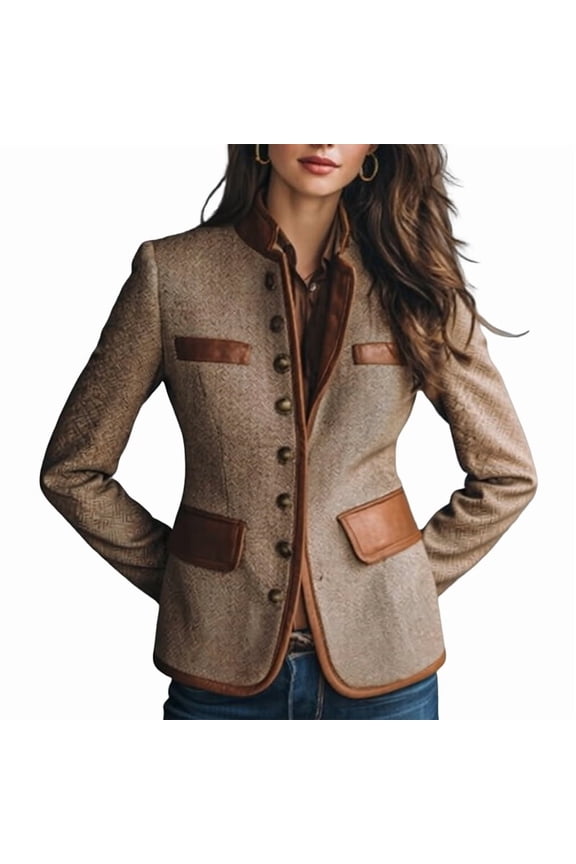 Women'S Gray Blazer Jacket Fall Winter Lapel Coat Brown S