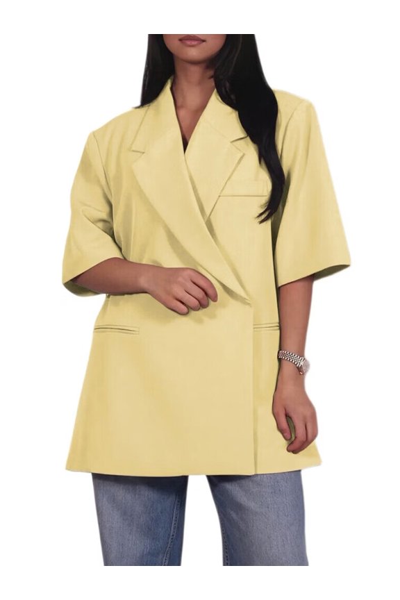 Women'S Half Sleeves Summer Suit Blazer Lapel Tuxedos Coat Leisure Casual Jacket Yellow L