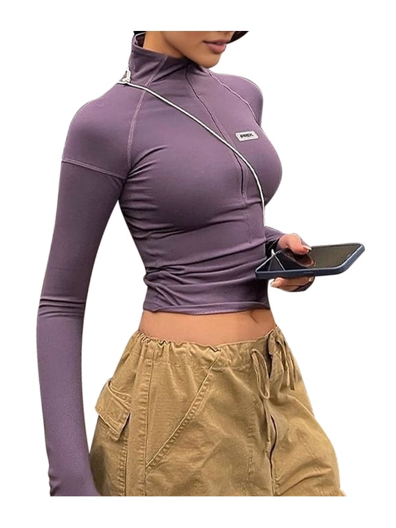 Women'S Half Turtle Neck Slim Fit Zip Up Short Long Sleeve T-Shirt Ribbed Casual Top L