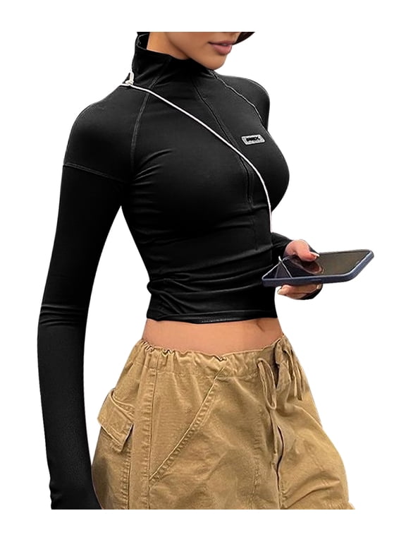 Women'S Half Turtle Neck Slim Fit Zip Up Short Long Sleeve T-Shirt Ribbed Casual Top