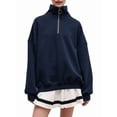 thumbnail image 1 of Women'S Half Zip Loose Sweatshirt Long Sleeve Solid Color Drop Shoulder Sports Pullover Dark Blue L, 1 of 8