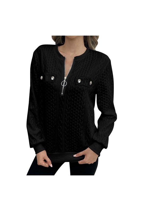 Women'S Half Zip Quilted Pullover Sweatshirt Crew Neck Long Sleeve Textured Coat Solid Casual Trendy Fall Sweaters