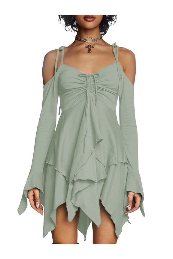 Women'S Halloween Costumes Off-Shoulder Butterfly Fairy Cosplay Party Handkerchief Flowy Midi Dress Mint Green S