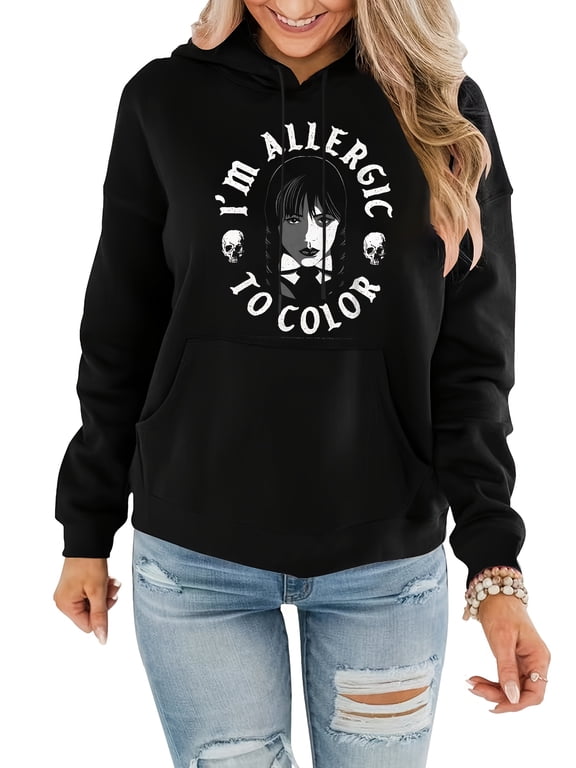 Women'S Halloween Hoodie - Wednesday Addams Inspired Graphic Pullover Sweatshirt, Black Hooded Sweater for Halloween Party Outfit, Casual Fall/Winter Clothing with Drawstring Hood
