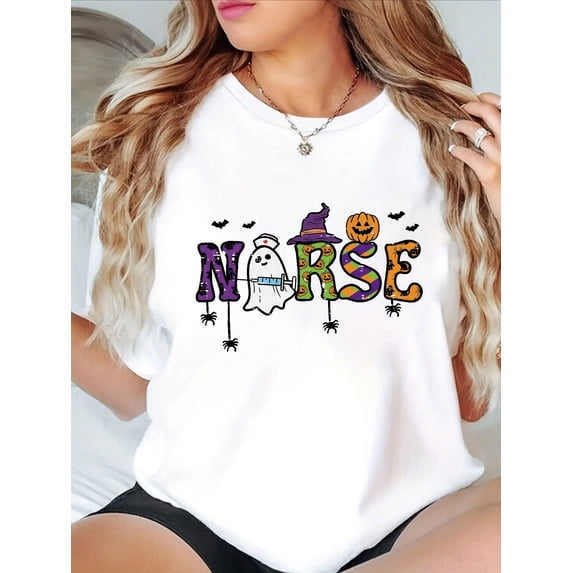 Women'S Halloween Nurse Themed Graphic T-Shirt - Casual Crew Neck Top