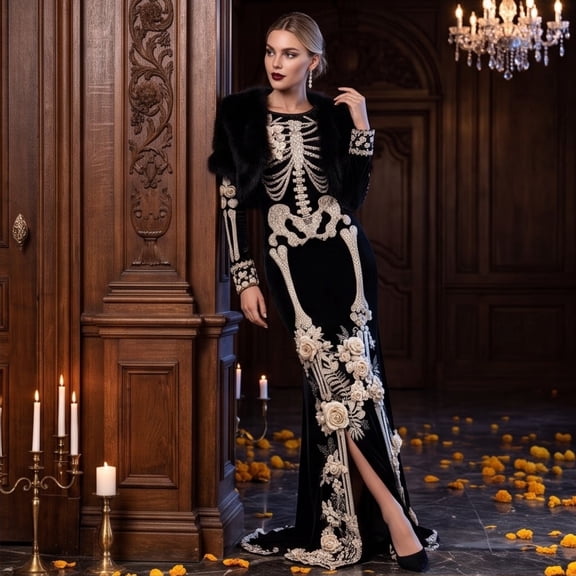 Women'S Halloween Skeleton Print Long Sleeve Dress Costume Round Neck Party Outfit Vintage Inspired Cosplay Clothing Themed Event Dress Up