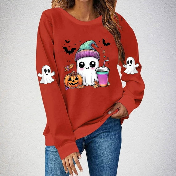 Women'S Halloween Sweatshirt Cute Ghost Graphic Long Sleeve Pullover Tops Crewneck Oversized Shirts Funny Novelty Pumpkin Print T-Shirts 2025 Fall Festival Outfits Family Winter ClothesXdegoge
