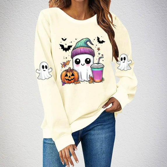 Women'S Halloween Sweatshirt Cute Ghost Graphic Long Sleeve Pullover Tops Crewneck Oversized Shirts Funny Novelty Pumpkin Print T-Shirts 2025 Fall Festival Outfits Family Winter ClothesXdegoge
