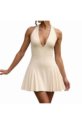 Women'S Halter-Bow Tie Deep V Neck Sleeveless Backless Mini Dress A Line Flowy Club Cocktail Prom Dress Apricot L