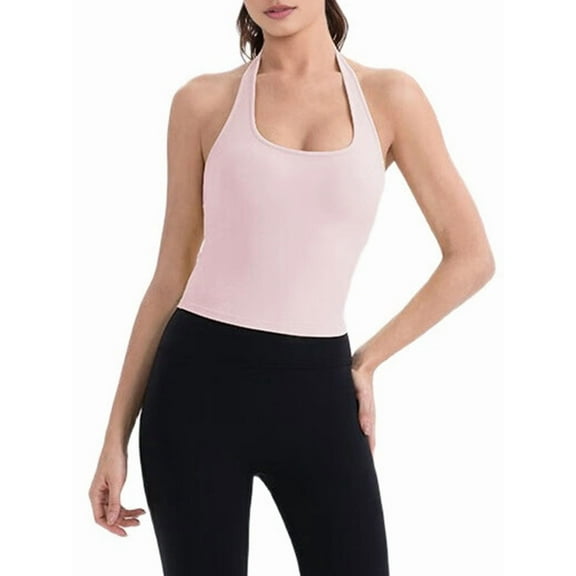 Women'S Halter Crop Top V Neck Workout Going Out Tank Top Sleeveless Backless Trendy Summer Camisole Ballet Powder M