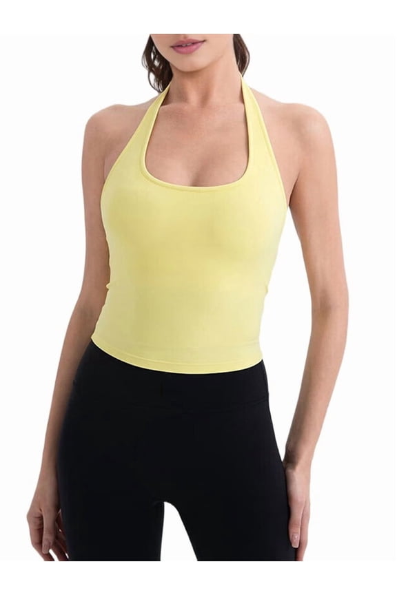 Women'S Halter Crop Top V Neck Workout Going Out Tank Top Sleeveless Backless Trendy Summer Camisole Bright Yellow XL