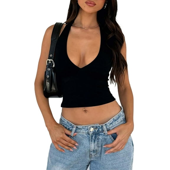 Women'S Halter Deep V Neck Crop Tank Top Backless Sleeveless Slim Fitted Going Out Summer Top Black S