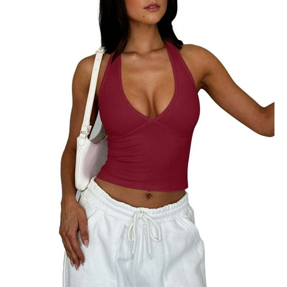 Women'S Halter Deep V Neck Crop Tank Top Backless Sleeveless Slim Fitted Going Out Summer Top Red XL