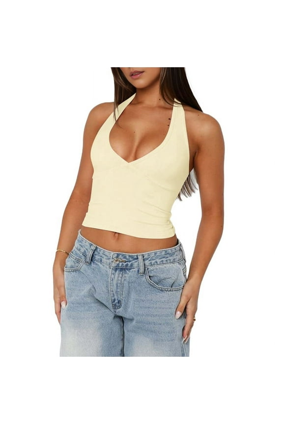Women'S Halter Deep V Neck Crop Tank Top Backless Sleeveless Slim Fitted Going Out Summer Top Yellow L