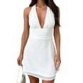 thumbnail image 1 of Women'S Halter Deep V Neck Flowy Chiffon Tie Backless Summer Mini Dress White L, 1 of 4