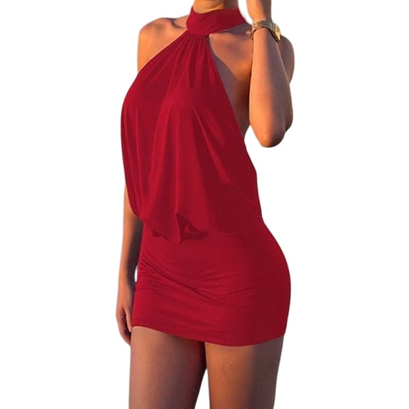 Women'S Halter Mini Dress Y2k Backless Bodycon Club Night Cocktail Dresses Red M
