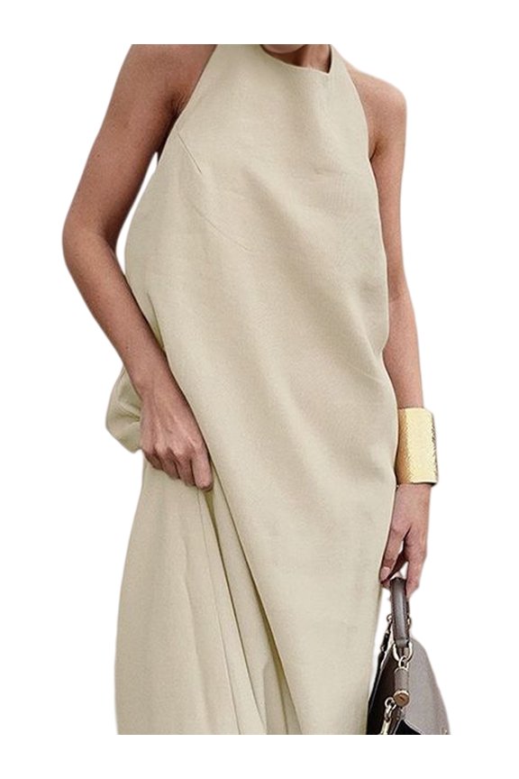 Women'S Halter Neck Bodycon Maxi Dress with Keyhole Cutout and Side Slit Khaki M