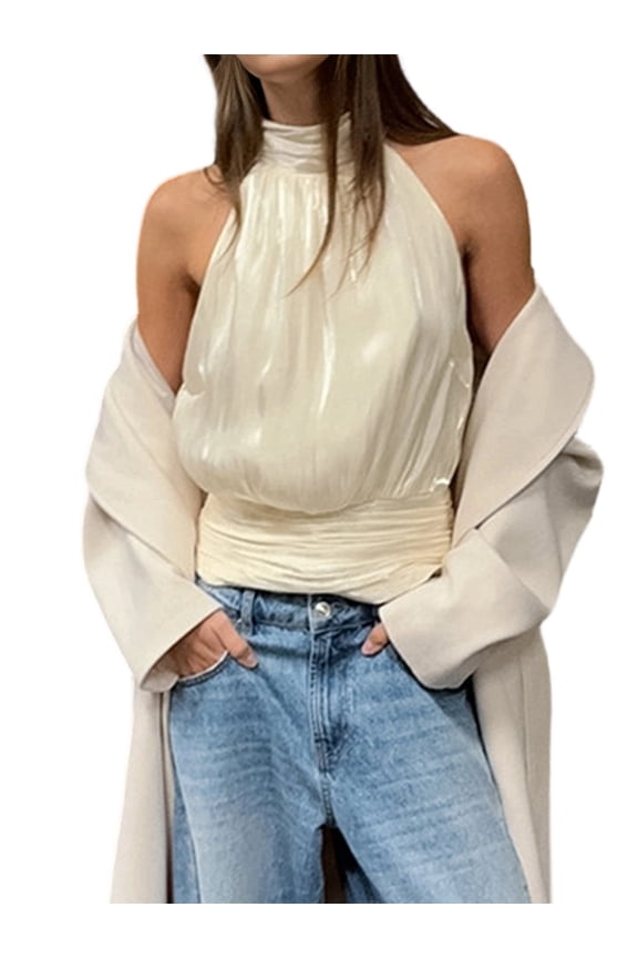 Women'S Halter Neck Camisole Sleeveless Open Back Cute Party Going Out Tops Yellow M