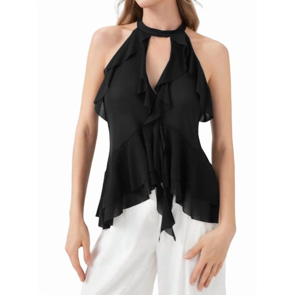 Women'S Halter Neck Ruffled Camisole Black L