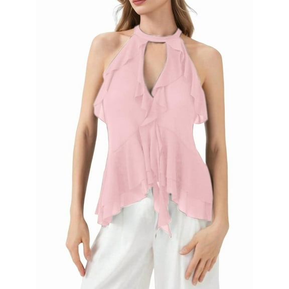 Women'S Halter Neck Ruffled Camisole Pink L
