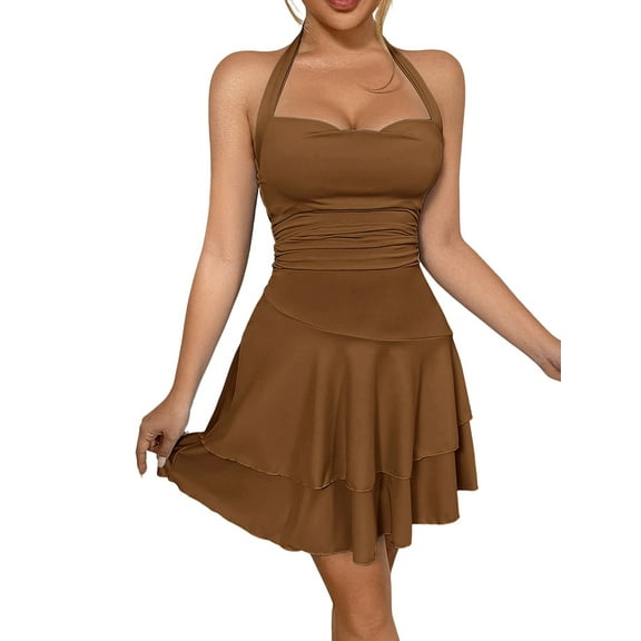 Women'S Halter Ruffle Hem Mini Dress Ruched Waist Corset Short Party Dresses Brown M