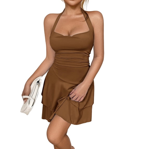 Women'S Halter Ruffle Hem Mini Dress Ruched Waist Corset Short Party Dresses Brown XS