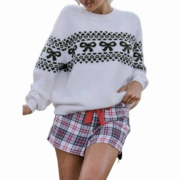 Women'S Heart Bowknot Print Knitted Sweater Long Sleeve Crewneck Casual Pullover Tops Black XL