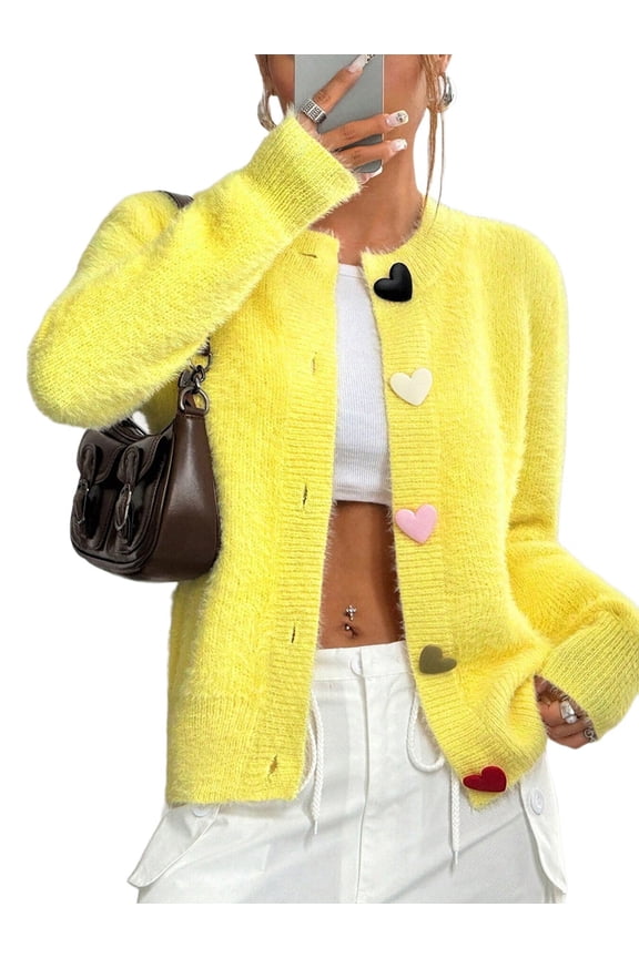 Women'S Heart Button Open Front Cardigan Light-Weight Fuzzy Cardigan Sweaters Long Sleeve Knit Top Outerwear Yellow M