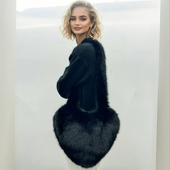 Women'S Heart-Shaped Plush Crossbody Bag Large Capacity,Portable Shoulder Bag for Travel Streetwear, Black, Travel Shoulder Bag