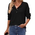 thumbnail image 1 of Women'S Henley Shirts Long Sleeve V Neck Ribbed Button Down Knit Sweater Fitted Tops Black L, 1 of 10