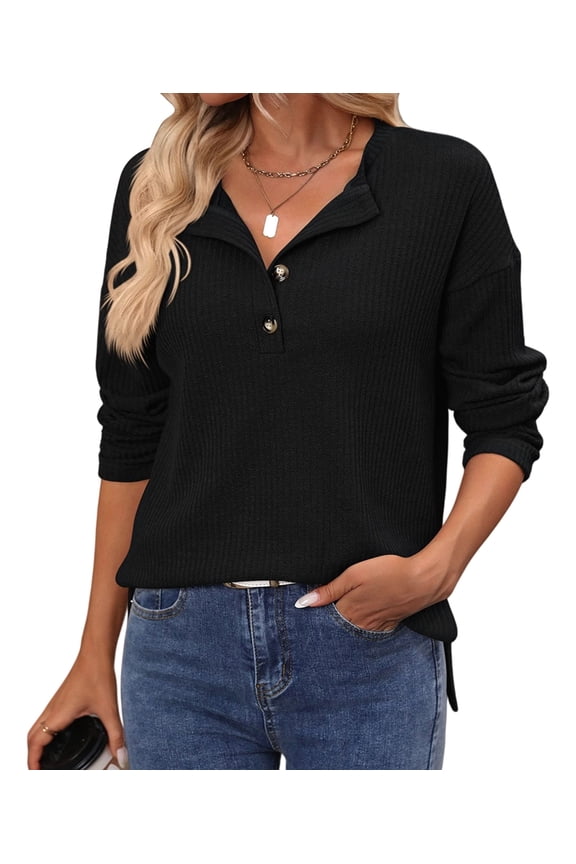 Women'S Henley Shirts Long Sleeve V Neck Ribbed Button Down Knit Sweater Fitted Tops Black XL