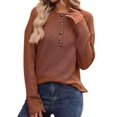 thumbnail image 1 of Women'S Henley Shirts Long Sleeve V Neck Ribbed Button Down Knit Sweater Fitted Tops Caramel Color L, 1 of 9