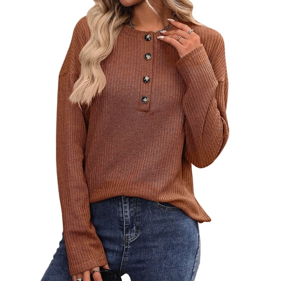 Women'S Henley Shirts Long Sleeve V Neck Ribbed Button Down Knit Sweater Fitted Tops Caramel Color L